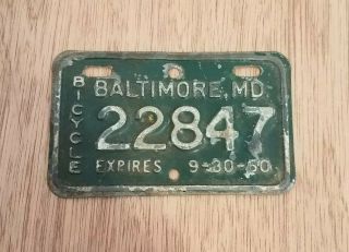 Vintage 1960 Baltimore Maryland Metal Bicycle License Plate 22847