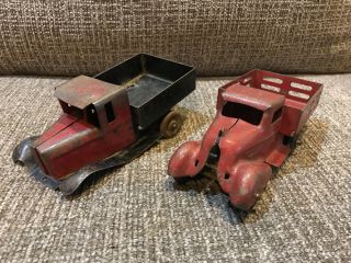 Vintage 2 Marx Wyandotte Dump Stake Toy Truck Pressed Steel
