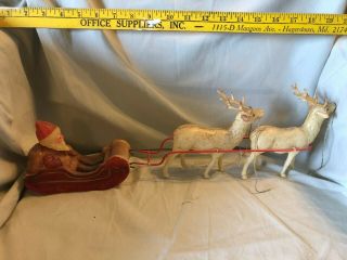 Vintage Christmas Celluloid Santa Claus On Signed Sleigh With 2 Rain Deer.
