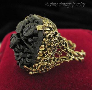 Vintage Art Deco Czech Molded Black Glass Floral Brass Filigree Cocktail Ring
