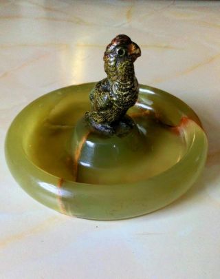 An Early 20th Century Austrian Cold Painted Bronze Parrot Pin Tray On Onyx Base