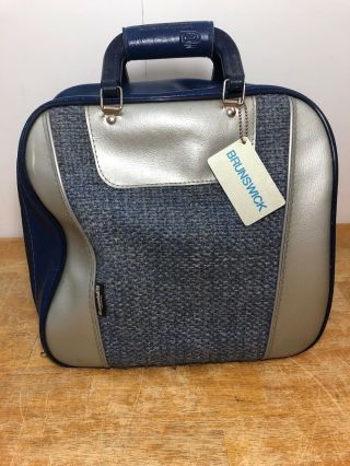 Vintage Brunswick Blue And Grey Vinyl Bowling Ball Bag With Fabric Detail