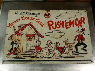 Vintage Walt Disney Productions Mickey Mouse Club Push Em Car Sign Panel,  24x16