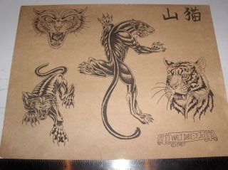 Walt Daily Jr 1987 Panther Tiger Line Drawings Tattoo Flash Sheet Vintage ?