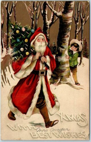 Vintage 1908 Christmas Embossed Postcard Santa Claus Red Hooded Robe / Xmas Tree