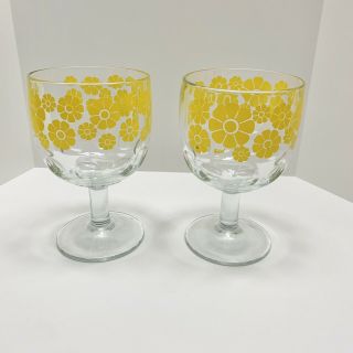 Vtg Bartlett Collins Thumbprint Goblets Yellow Daisies,  Set Of Two (2)