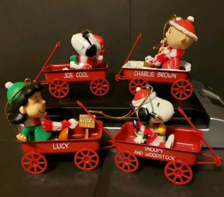 Set Of 4 Vintage Kurt Adler Peanuts Snoopy Red Wagon Ornaments