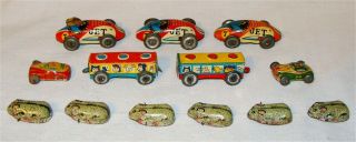 Vtg Tin Litho Miniature Toy Race Cars Mice Train G Men Wheeled