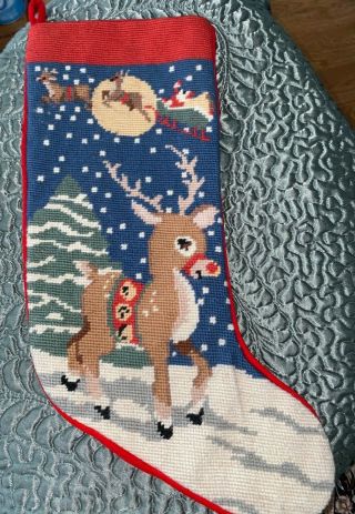 Vintage Wool Needlepoint Christmas Stocking Rudolph,  Reindeer Santa Claus,  18 "