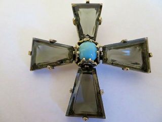 Rare Vintage Signed Accessocraft N.  Y.  C.  Smoky Topaz Turquoise Maltese Cross Pin