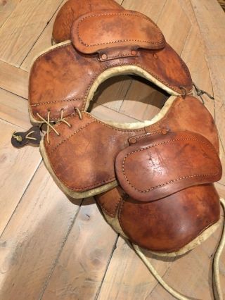 Antique Old 1920s All Brown Leather Vintage Football Shoulder Pads & Wool Lining