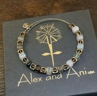 Rare Alex And Ani Vintage Square Metal & Glass Beaded Bangle Bracelet Collector