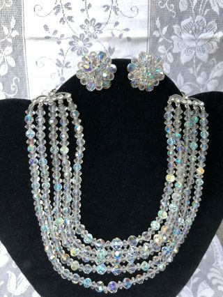 Vintage Multi 5 Strand Ab Glass Bead Necklace & Earrings Full Of Sparkle