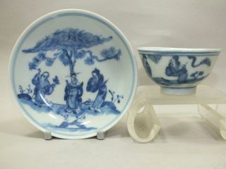 A Chinese Porcelain Tea - Bowl And Saucer With Blue Figure Decoration 19thc