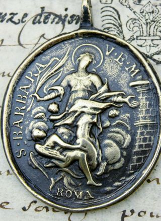 ANTIQUE 18TH CENTURY ST.  BARBARA & CATHOLIC IMMACULATE CONCEPTION BRONZE MEDAL 3