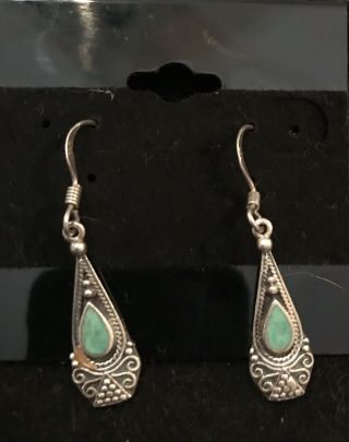 Vintage Sterling Silver Tribal Bali Earrings Green Turquoise French Hooks Dangle