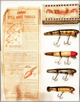 4 Tough Erwin Weller Classic Minnow Lures,  Box & Insert Made In Ia 1930
