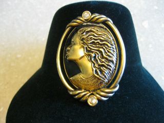 Vintage Coreen Simpson Cameo Pin Brooch Pendant Gold Tone W/ Crystal Accents