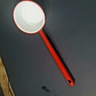 Vintage Enamel Coated Red And White Large Ladle Dipper