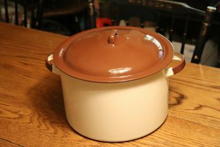 Vintage Enamelware Cooking Stock Pot Beige / Tan & Dark Brown Enamel Lid