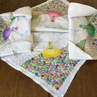 Vintage Hand Embroidered Linen Tablecloth Crinoline Ladies