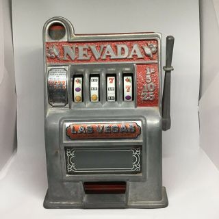 Vintage Las Vegas Nevada Slot Machine Bank No Coins Necessary Cast Iron Rollis