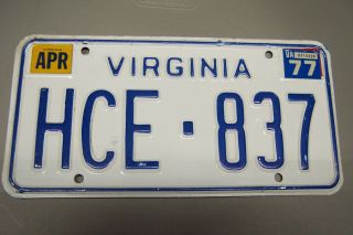 Hce 837 = April 1977 Virginia License Plate Blue Letters On White Base