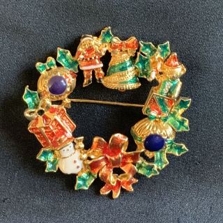 Vintage Christopher Radko Christmas Gold Tone And Enamel Wreath Pin Brooch 2”