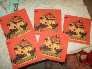 Group Of 5 Vintage Halloween Crepe Paper Napkins Black Cats & Pumpkin