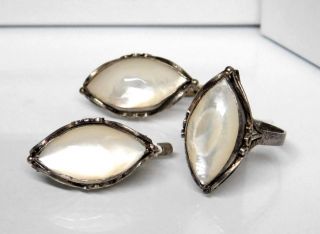 Vintage Sterling Silver Mother Of Pearl Ring & Earrings Set Sz 8.  5