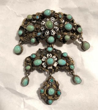 Antique Austro Hungarian 800 Silver Brooch Turquoise And Enamel