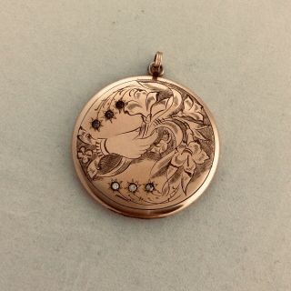 Vintage Large Victorian Locket Gold Filled Paste Etched - Woman’s Hand & Flowers