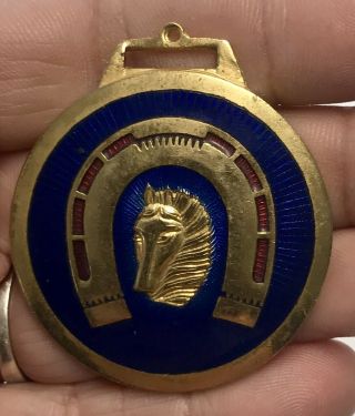 Vintage Horse Medal Brass & Blue Red Enamel Horseshoe Fob Badge Gold Tone