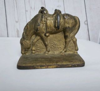 Vintage Heavy Brass Saddled Horse Figure Bookend Paperweight Doorstop 4 1/2 "
