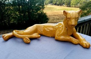 Huge Mid Century Panther Statue Glazed Ceramic Pottery Haeger Style Rare Nr