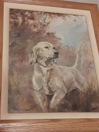 Vintage Painting Of Hunting Dog Retriever Signed Esther Bunt