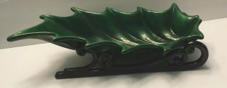 Vintage Atlantic Mold Green Holly Leaf Sled Ceramic Candy Dish - Christmas Decor