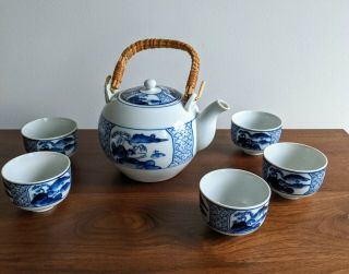Vintage Omc Japanese Blue & White Tea Set With 5 Cups