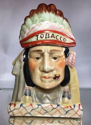 Antique Porcelain Humidor Native American Chief Tobacco Jar 