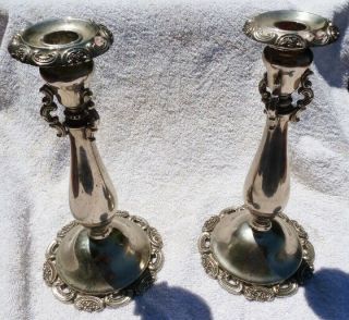 Vintage Pair Wallace Silversmiths Baroque Silver Plated Candlesticks,  9 - 1/2 "