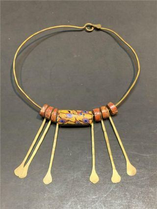 Vintage African Trade Bead And Brass Dangle Necklace