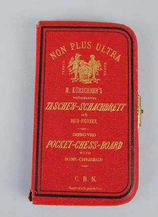 Antique German Pocket Chess Board Set Bone Max Kuerschner Improved 19th Century