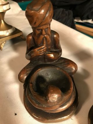 Antique snake charmer incense burner bookends bronze clad,  paint,  1920s 3