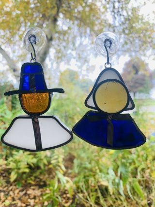 Vintage Tiffany Stained Glass Sun Catcher Thanksgiving Pilgrims Window Hanging