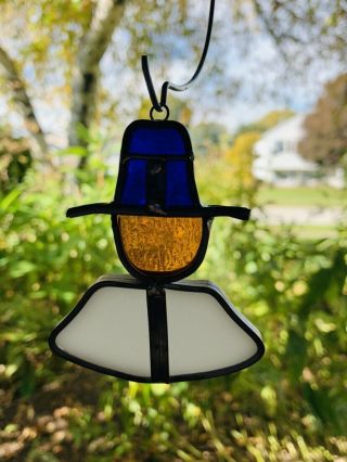 Vintage Tiffany Stained Glass Sun Catcher Thanksgiving Pilgrims Window Hanging 2