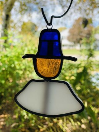 Vintage Tiffany Stained Glass Sun Catcher Thanksgiving Pilgrims Window Hanging 3