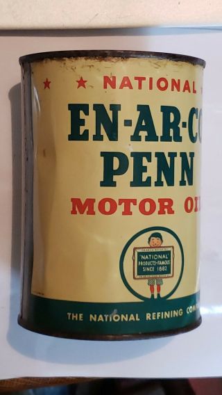 Vintage One Quart Enarco En - Ar - Co Penn Motor Oil Can