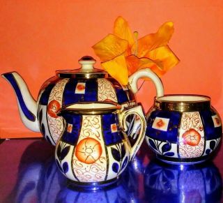 Vintage Sudlow ' s Burslem Tea Set,  Teapot Creamer Sugar Bowl Gaudy Welsh Imari 2