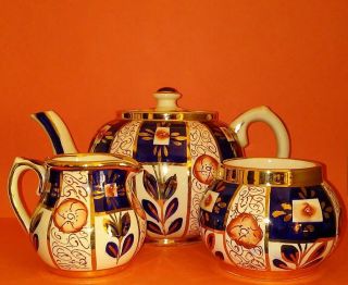 Vintage Sudlow ' s Burslem Tea Set,  Teapot Creamer Sugar Bowl Gaudy Welsh Imari 3