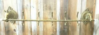 Vintage Brass Double Horse Head 38 " Wide Coat Rack With 5 Hooks Saloon Style